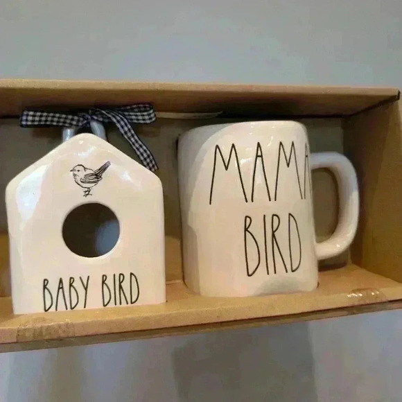 Rae Dunn Mama bird and baby bird  mug and mini birdhouse set - Picture 5 of 7